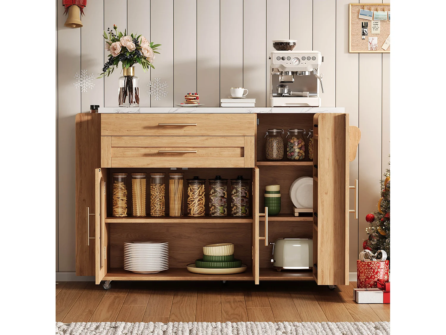 Îlot de cuisine mobile avec plan de travail pliable - 138 x 45 (70) x 90 cm - avec étagère + 2 tiroir + 3 portes - MDF - naturel