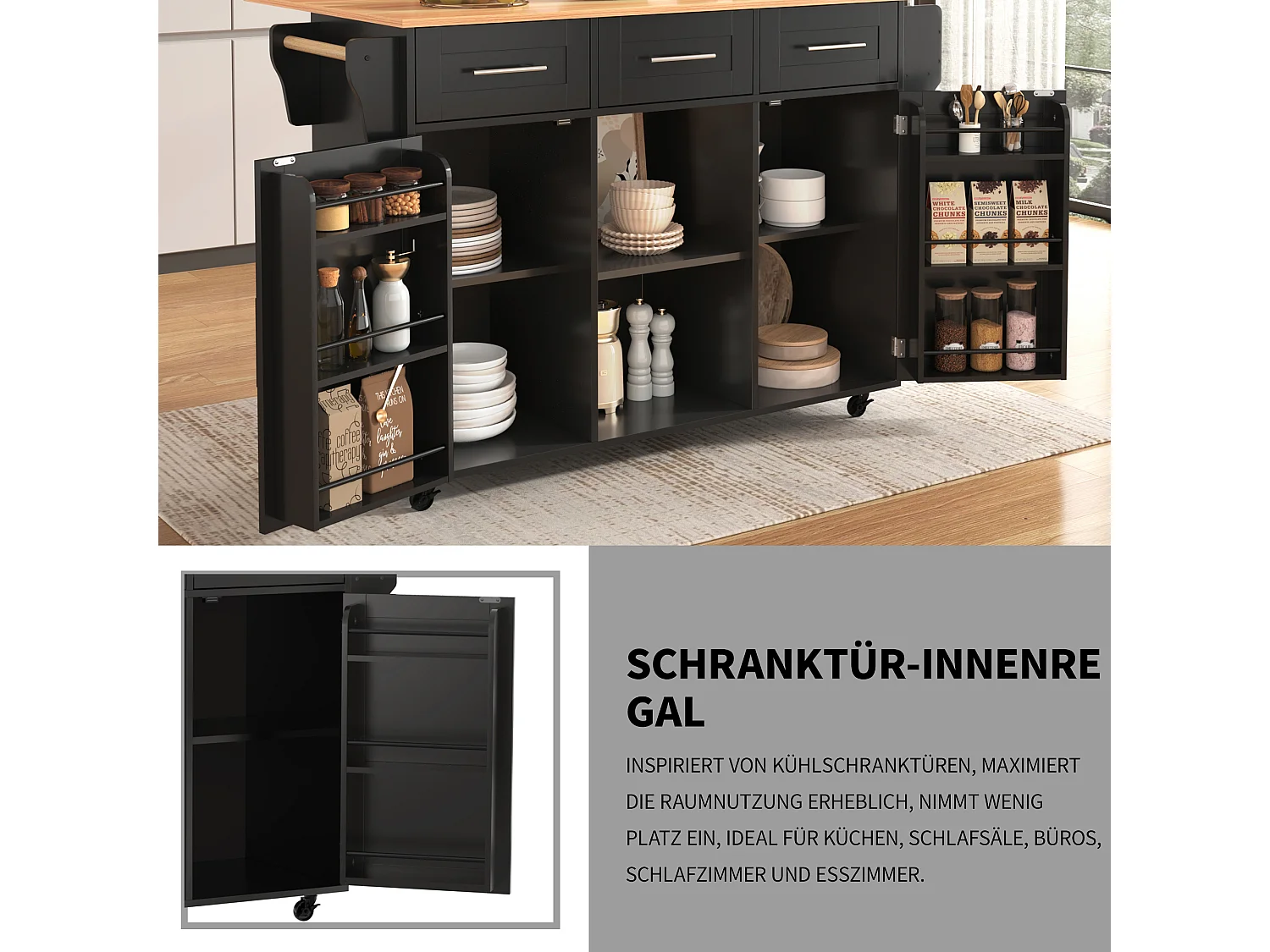 Kücheninsel auf Rollen mit klappbarer Arbeitsplatte – 139 x 46 (71) x 91,5 cm – mit 2 Türen, 3 Schubladen und Regalböden – MDF – schwarz