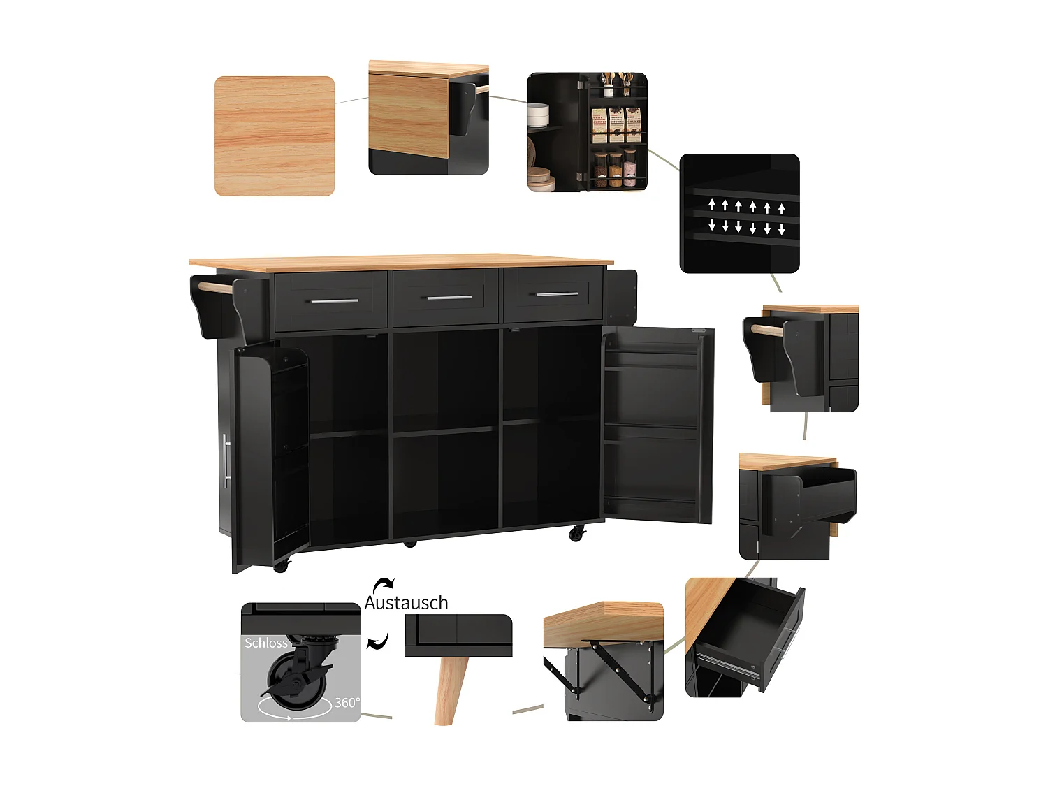 Kücheninsel auf Rollen mit klappbarer Arbeitsplatte – 139 x 46 (71) x 91,5 cm – mit 2 Türen, 3 Schubladen und Regalböden – MDF – schwarz