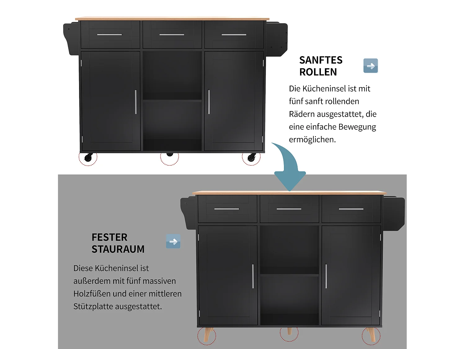 Kücheninsel auf Rollen mit klappbarer Arbeitsplatte – 139 x 46 (71) x 91,5 cm – mit 2 Türen, 3 Schubladen und Regalböden – MDF – schwarz