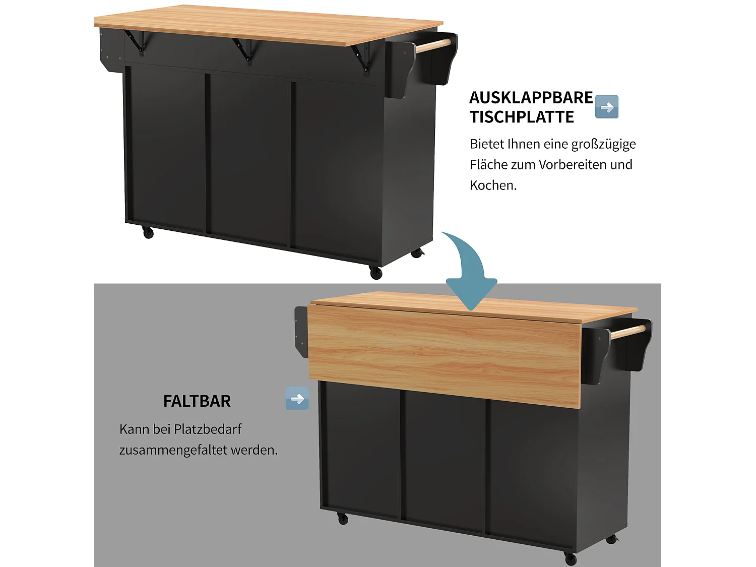 Kücheninsel auf Rollen mit klappbarer Arbeitsplatte – 139 x 46 (71) x 91,5 cm – mit 2 Türen, 3 Schubladen und Regalböden – MDF – schwarz