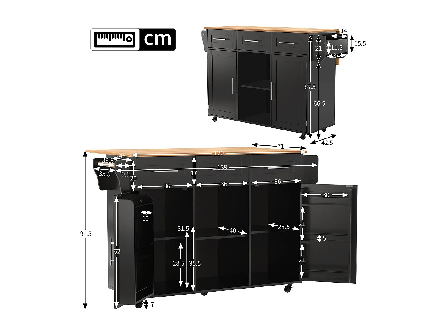Kücheninsel auf Rollen mit klappbarer Arbeitsplatte – 139 x 46 (71) x 91,5 cm – mit 2 Türen, 3 Schubladen und Regalböden – MDF – schwarz