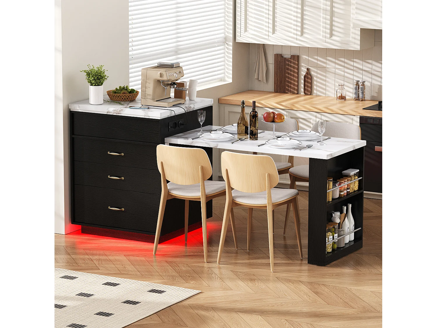 Îlot central extensible sur roulettes - 125.5 x 71 x 93 cm - avec porte + tiroirs + Leds - MDF - noir