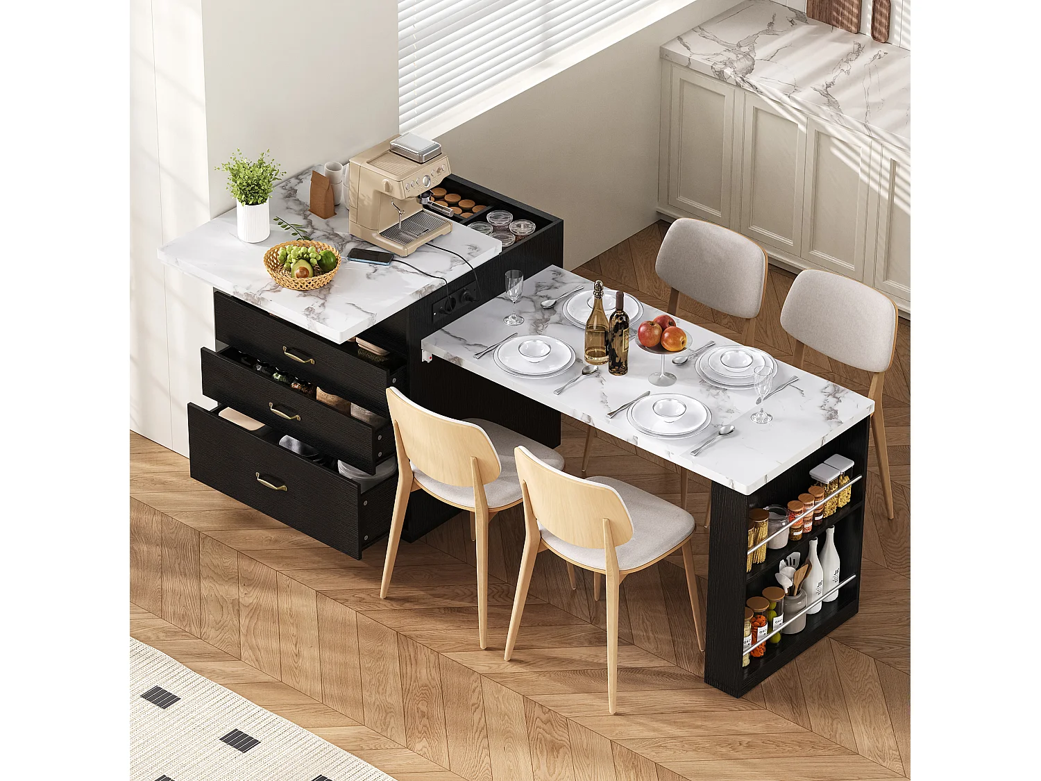 Îlot central extensible sur roulettes - 125.5 x 71 x 93 cm - avec porte + tiroirs + Leds - MDF - noir