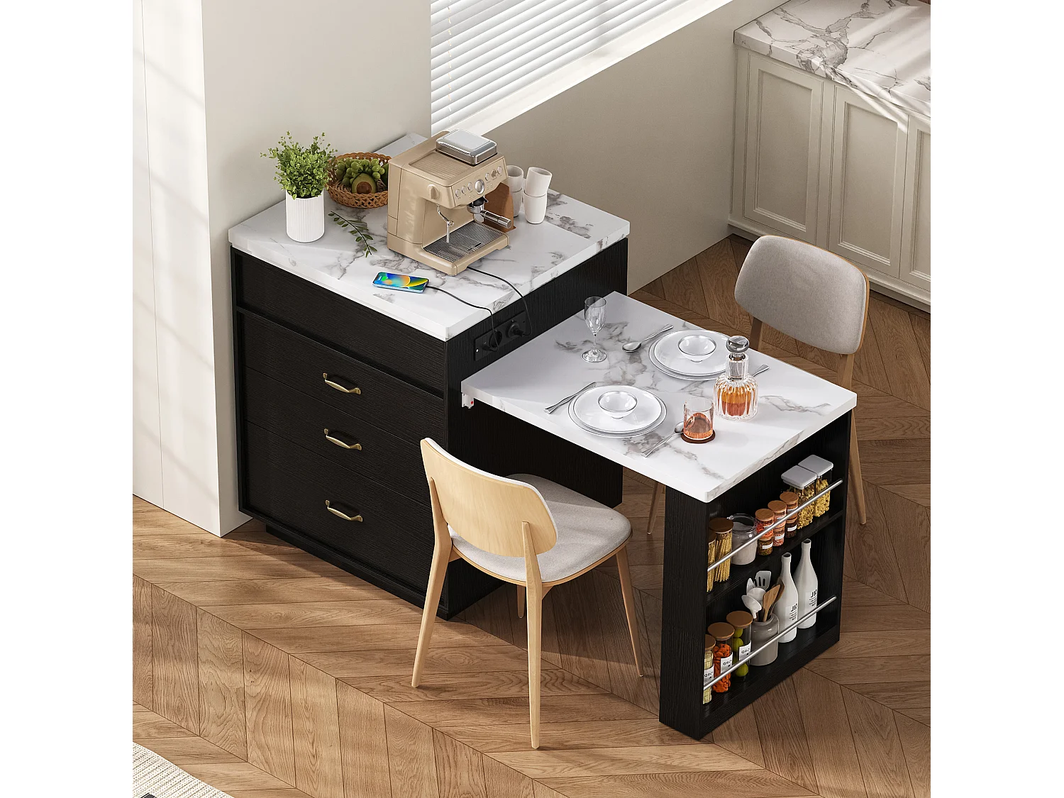 Îlot central extensible sur roulettes - 125.5 x 71 x 93 cm - avec porte + tiroirs + Leds - MDF - noir