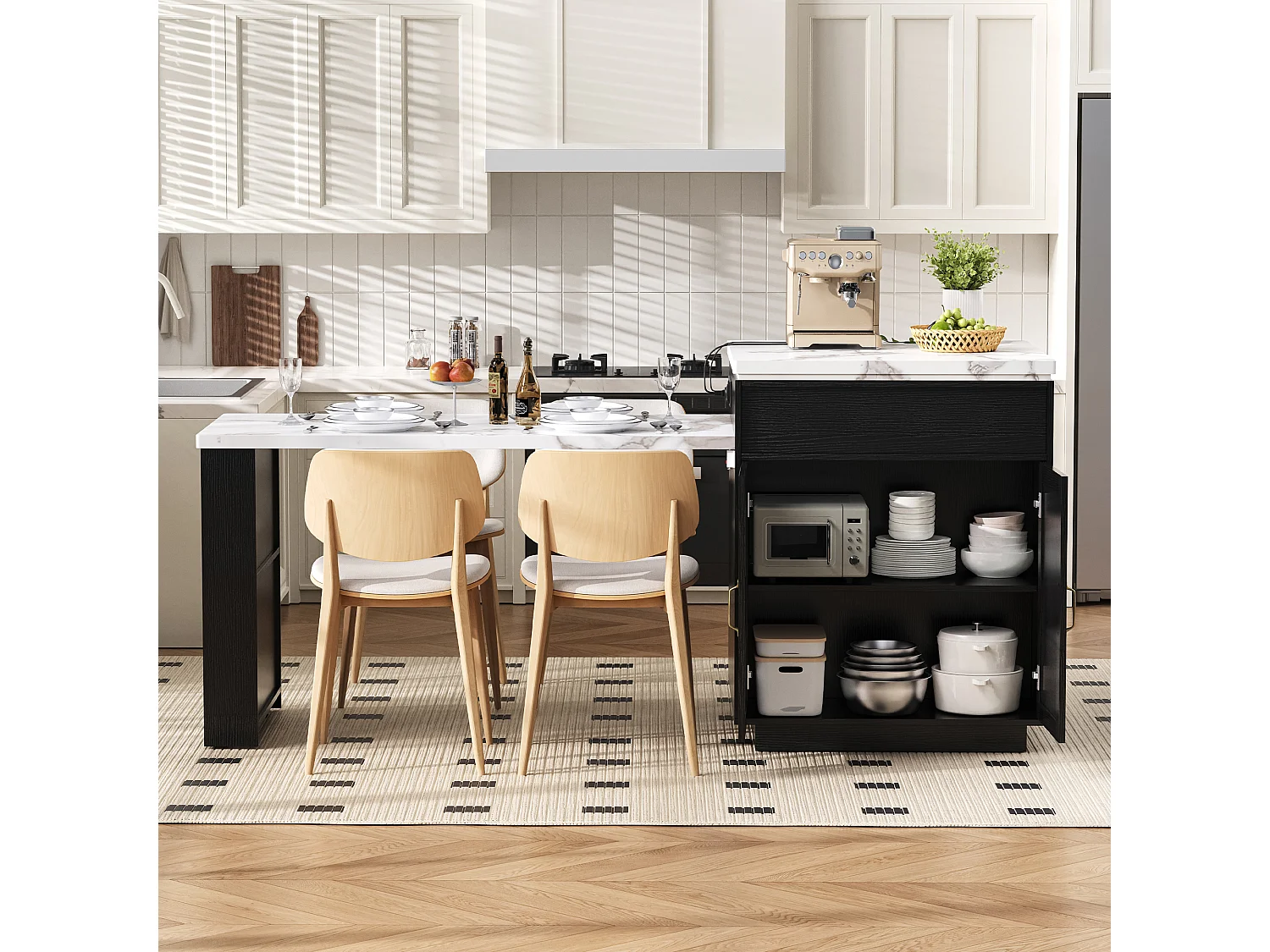 Îlot central extensible sur roulettes - 125.5 x 71 x 93 cm - avec porte + tiroirs + Leds - MDF - noir