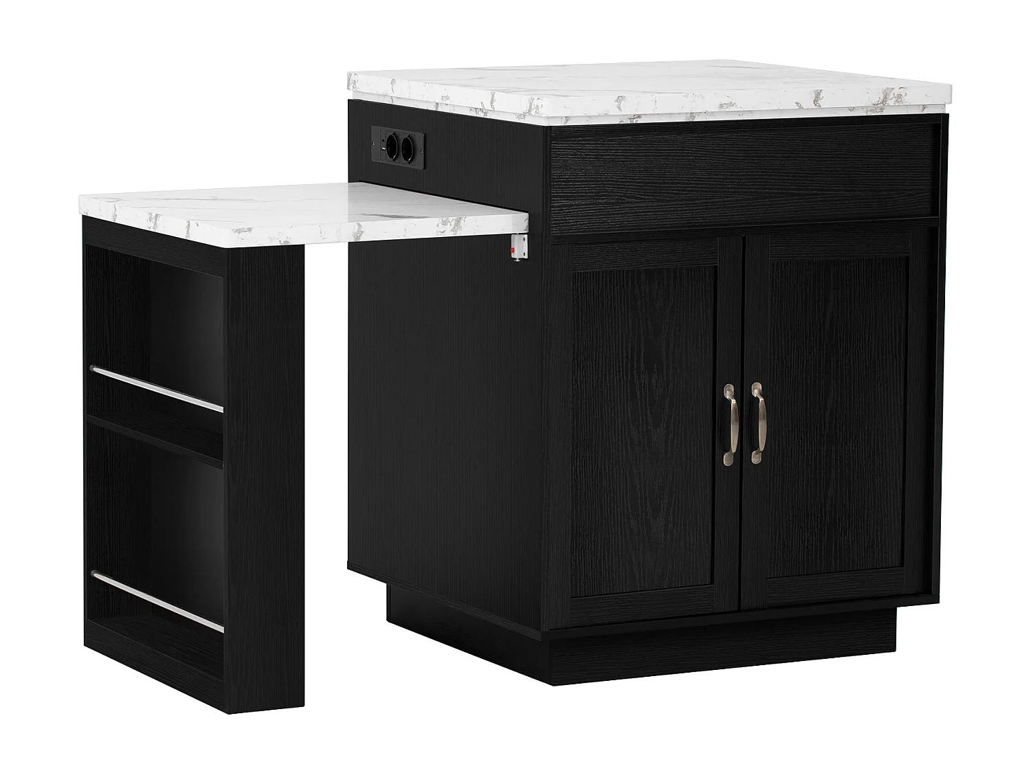 Îlot central extensible sur roulettes - 125.5 x 71 x 93 cm - avec porte + tiroirs + Leds - MDF - noir