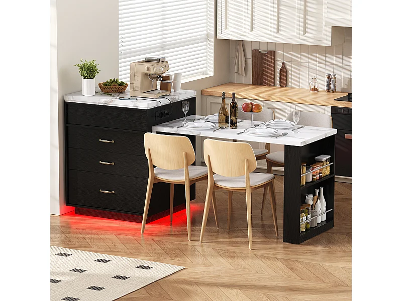 Îlot central extensible sur roulettes - 125.5 x 71 x 93 cm - avec porte + tiroirs + Leds - MDF - noir