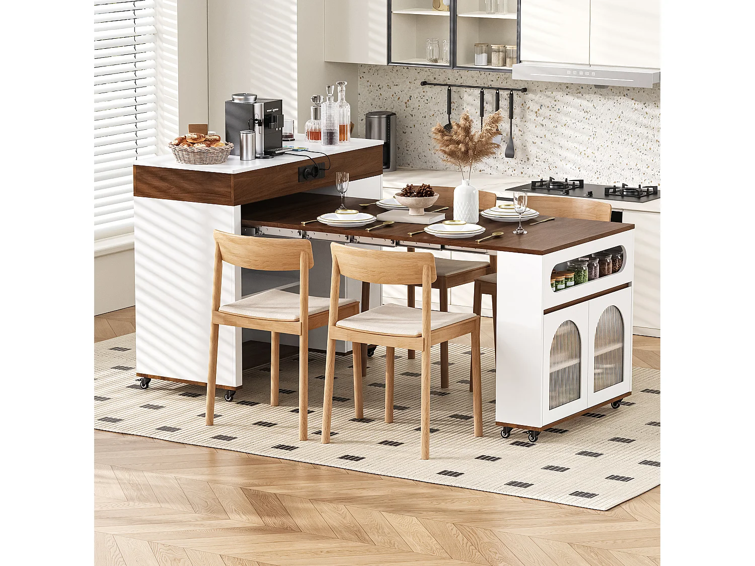 Uitschuifbaar keukeneiland op wielen met glazen blad - 110,5 x 50,5 x 95,5 cm - met deur en lade - MDF + glas - wit + bruin