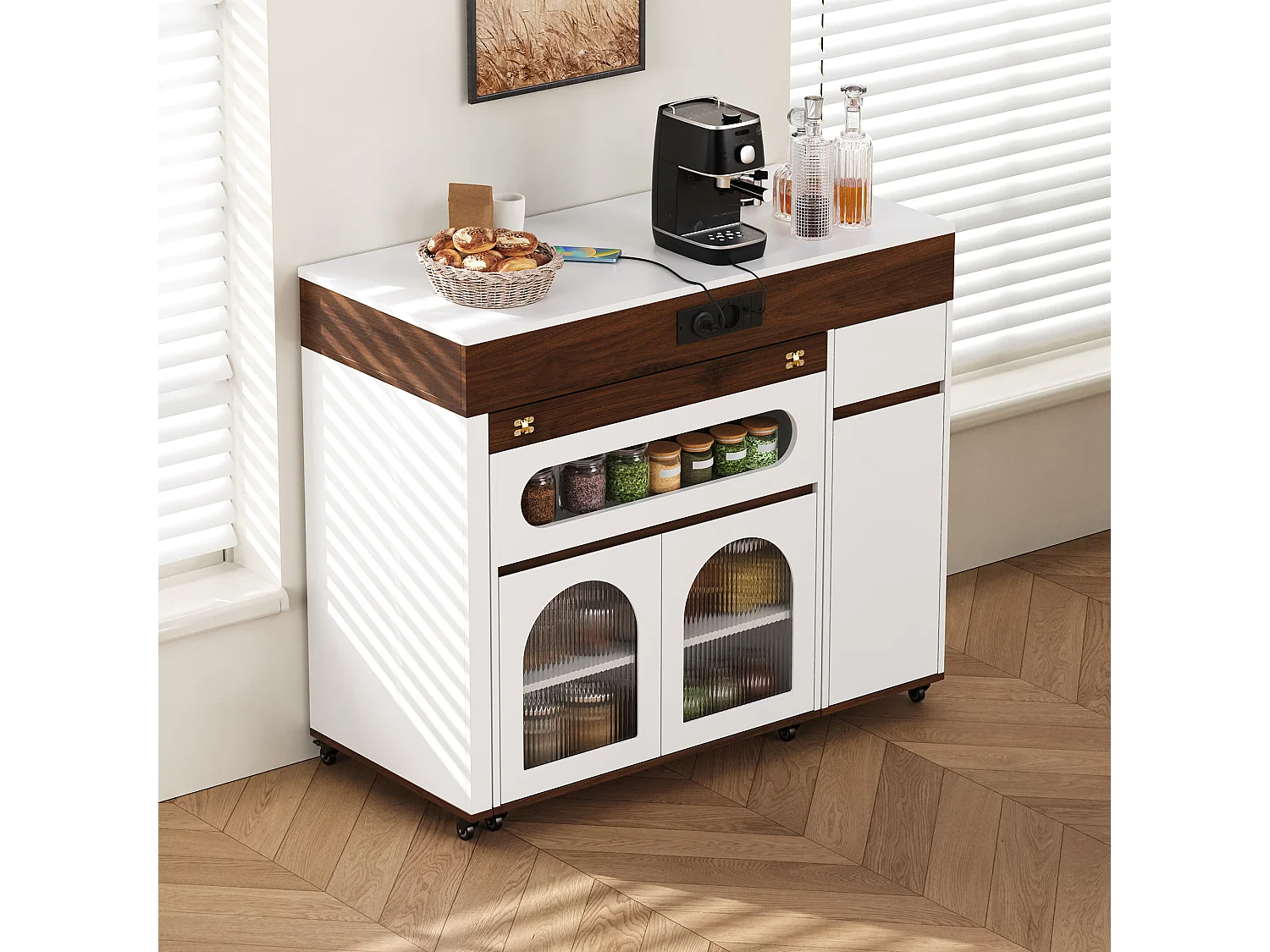 Uitschuifbaar keukeneiland op wielen met glazen blad - 110,5 x 50,5 x 95,5 cm - met deur en lade - MDF + glas - wit + bruin