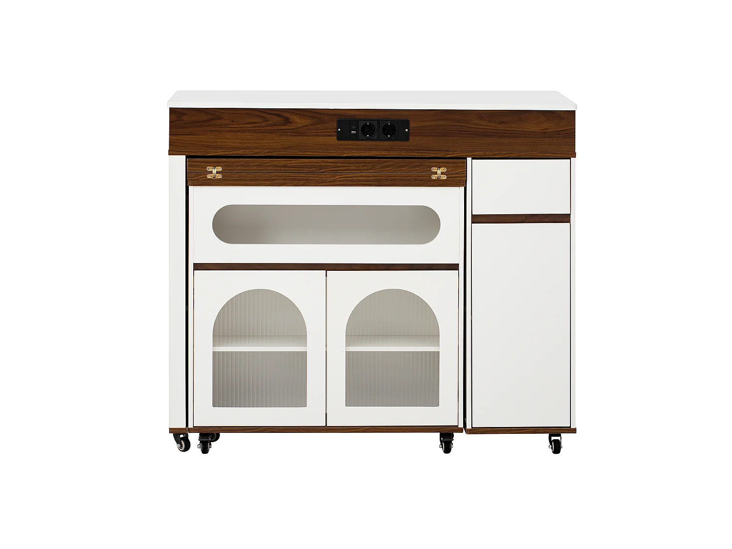 Uitschuifbaar keukeneiland op wielen met glazen blad - 110,5 x 50,5 x 95,5 cm - met deur en lade - MDF + glas - wit + bruin