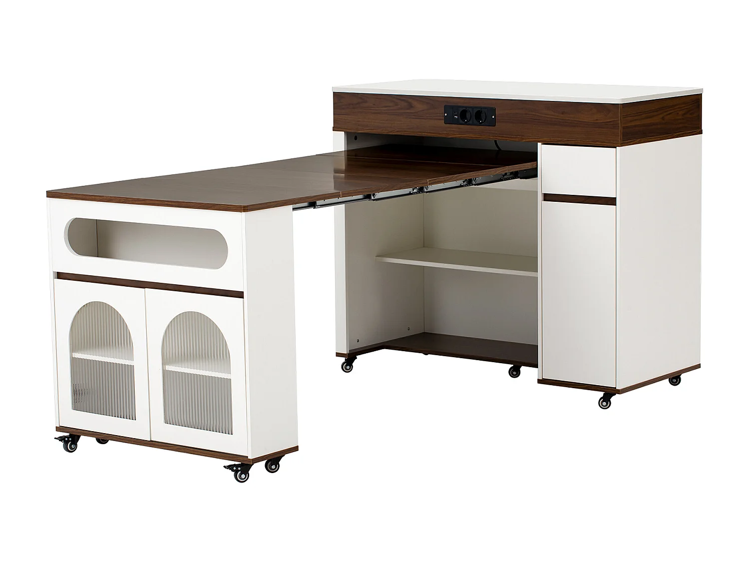 Uitschuifbaar keukeneiland op wielen met glazen blad - 110,5 x 50,5 x 95,5 cm - met deur en lade - MDF + glas - wit + bruin