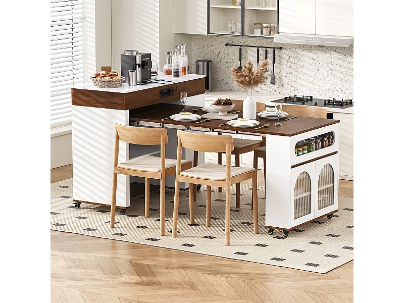 Ilha de cozinha extensível com rodízios e tampo de vidro - 110,5 x 50,5 x 95,5 cm - com porta e gaveta - MDF + vidro - branco + marrom