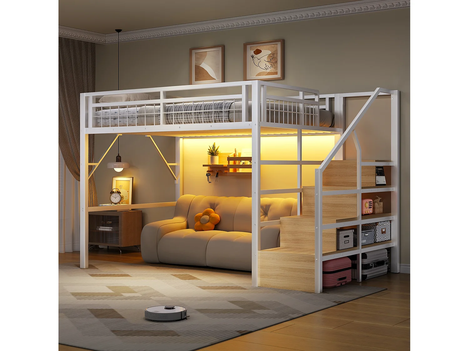 Lit mezzanine enfant - 140 x 200 cm - structure en fer - avec Leds + escalier de rangement - métal - blanc