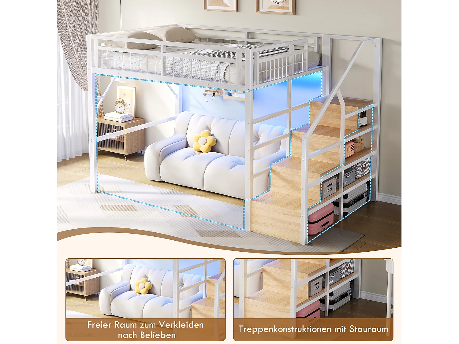 Lit mezzanine enfant - 140 x 200 cm - structure en fer - avec Leds + escalier de rangement - métal - blanc