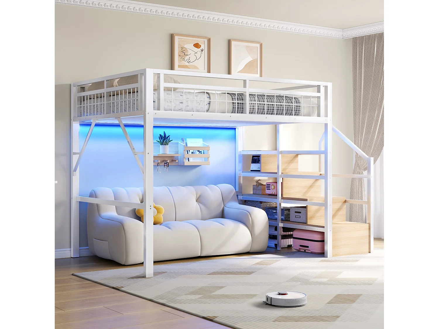 Lit mezzanine enfant - 140 x 200 cm - structure en fer - avec Leds + escalier de rangement - métal - blanc