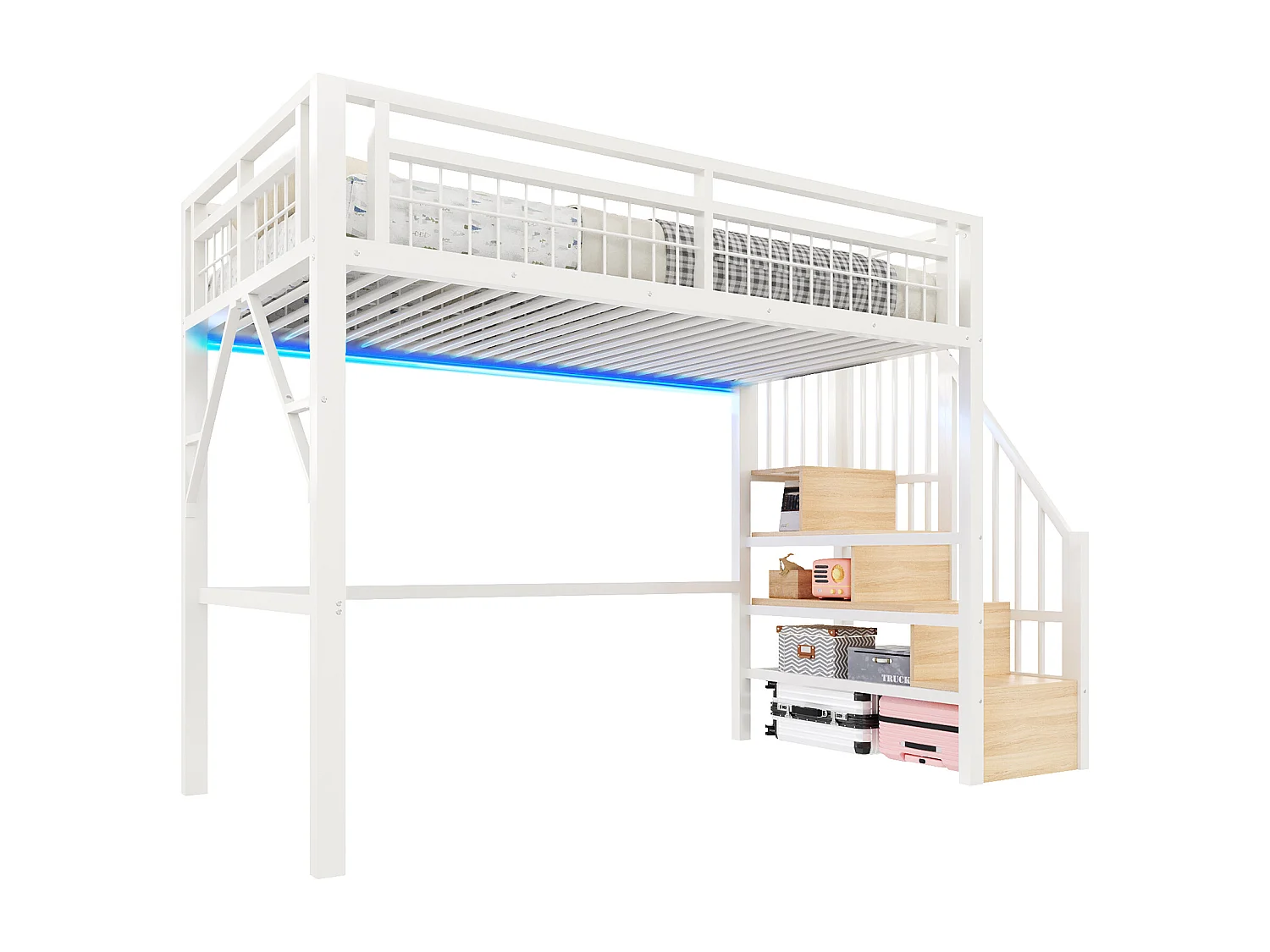 Lit mezzanine enfant - 140 x 200 cm - structure en fer - avec Leds + escalier de rangement - métal - blanc