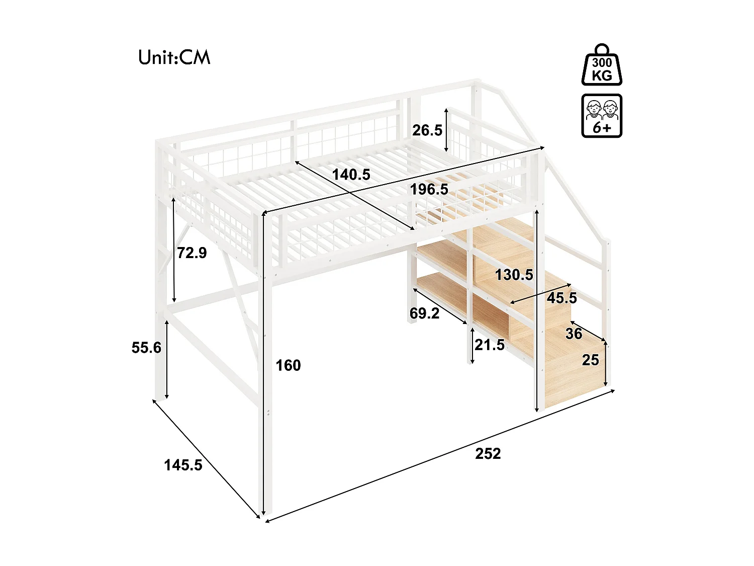Lit mezzanine enfant - 140 x 200 cm - structure en fer - avec Leds + escalier de rangement - métal - blanc