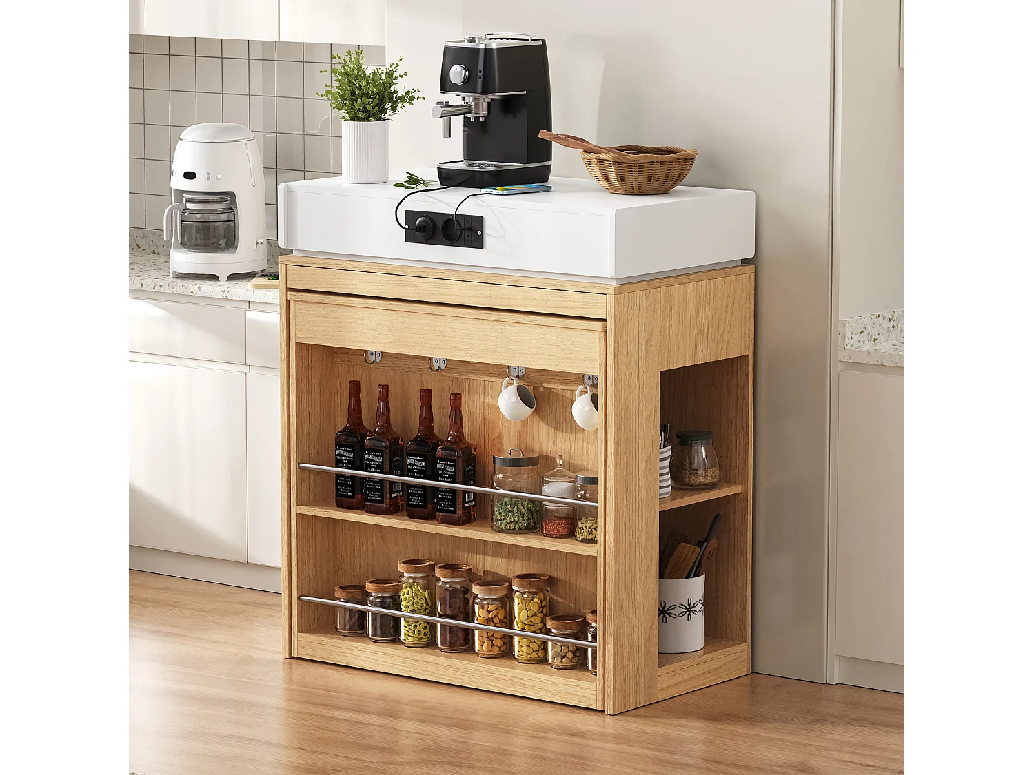 Îlot central extensible sur roulettes avec plateau rabattable - 83 x 46 x 96 cm - table de bar avec porte et tiroir - MDF + verre - naturel