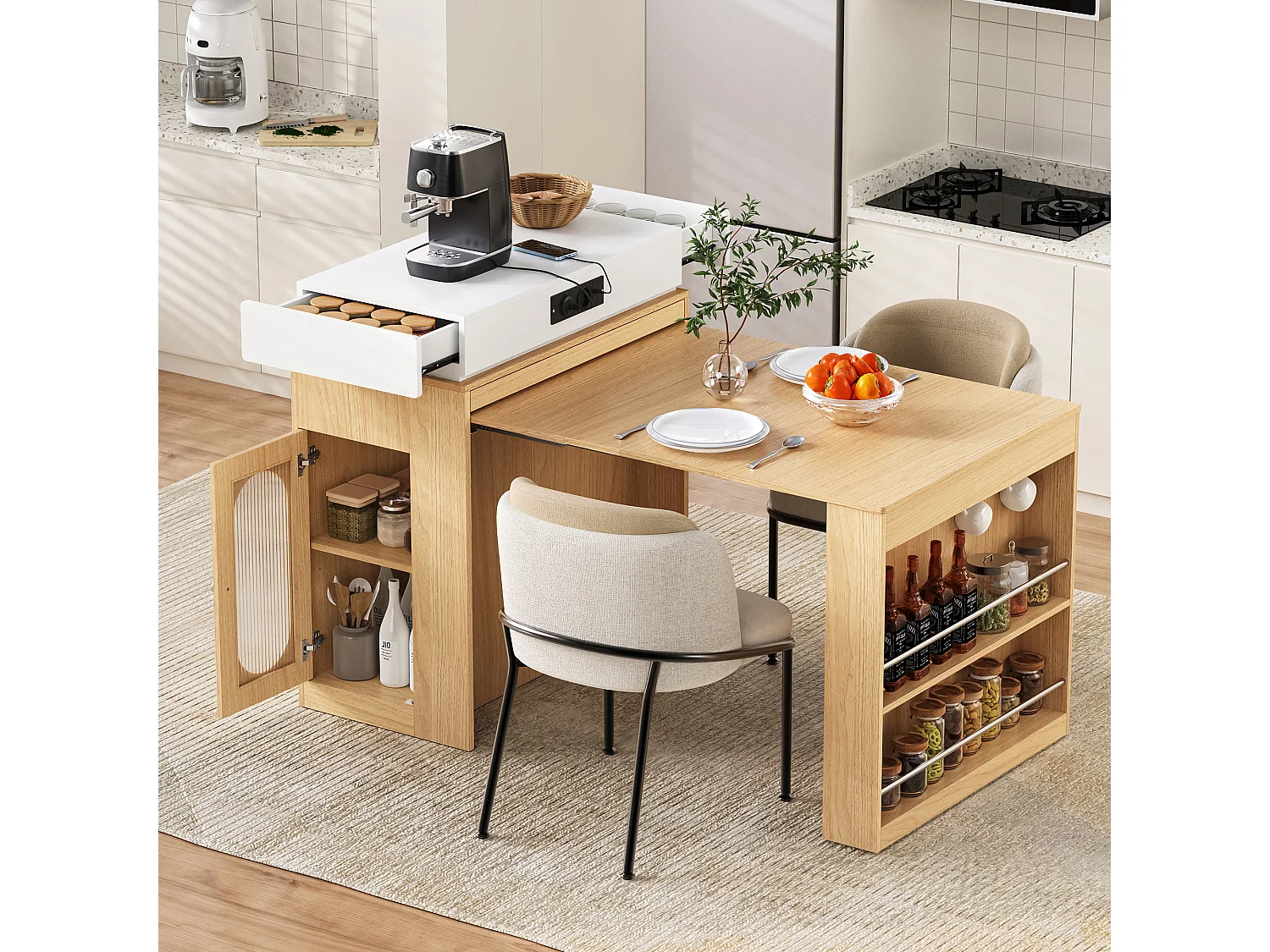 Îlot central extensible sur roulettes avec plateau rabattable - 83 x 46 x 96 cm - table de bar avec porte et tiroir - MDF + verre - naturel