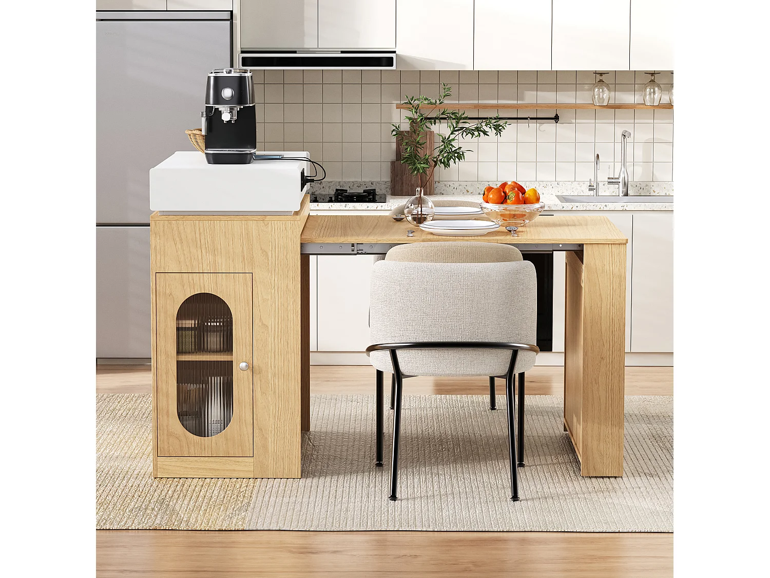 Îlot central extensible sur roulettes avec plateau rabattable - 83 x 46 x 96 cm - table de bar avec porte et tiroir - MDF + verre - naturel