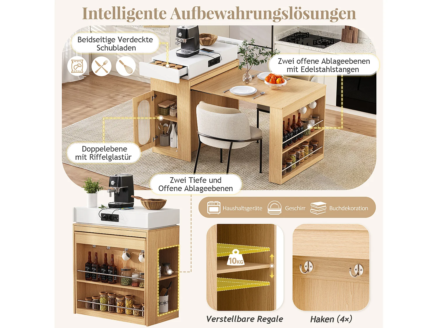 Îlot central extensible sur roulettes avec plateau rabattable - 83 x 46 x 96 cm - table de bar avec porte et tiroir - MDF + verre - naturel