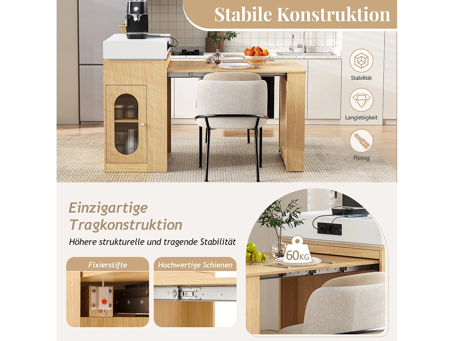 Îlot central extensible sur roulettes avec plateau rabattable - 83 x 46 x 96 cm - table de bar avec porte et tiroir - MDF + verre - naturel
