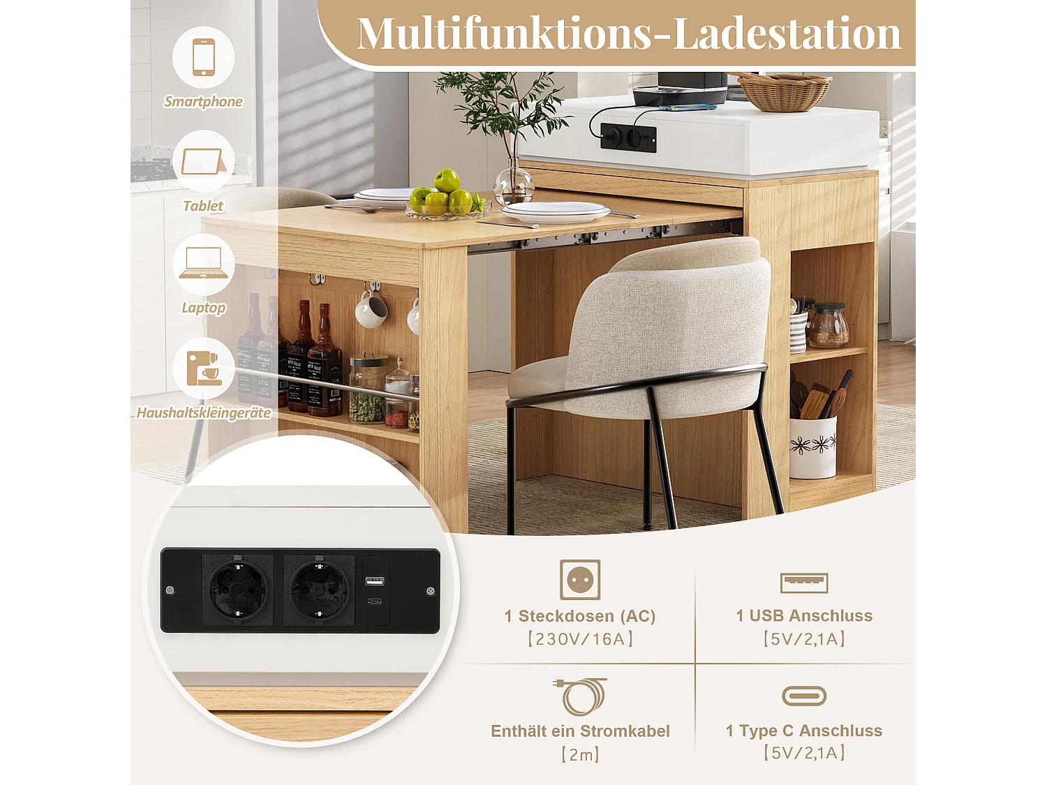 Îlot central extensible sur roulettes avec plateau rabattable - 83 x 46 x 96 cm - table de bar avec porte et tiroir - MDF + verre - naturel