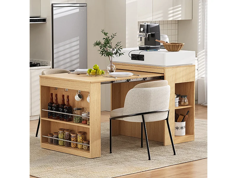 Îlot central extensible sur roulettes avec plateau rabattable - 83 x 46 x 96 cm - table de bar avec porte et tiroir - MDF + verre - naturel