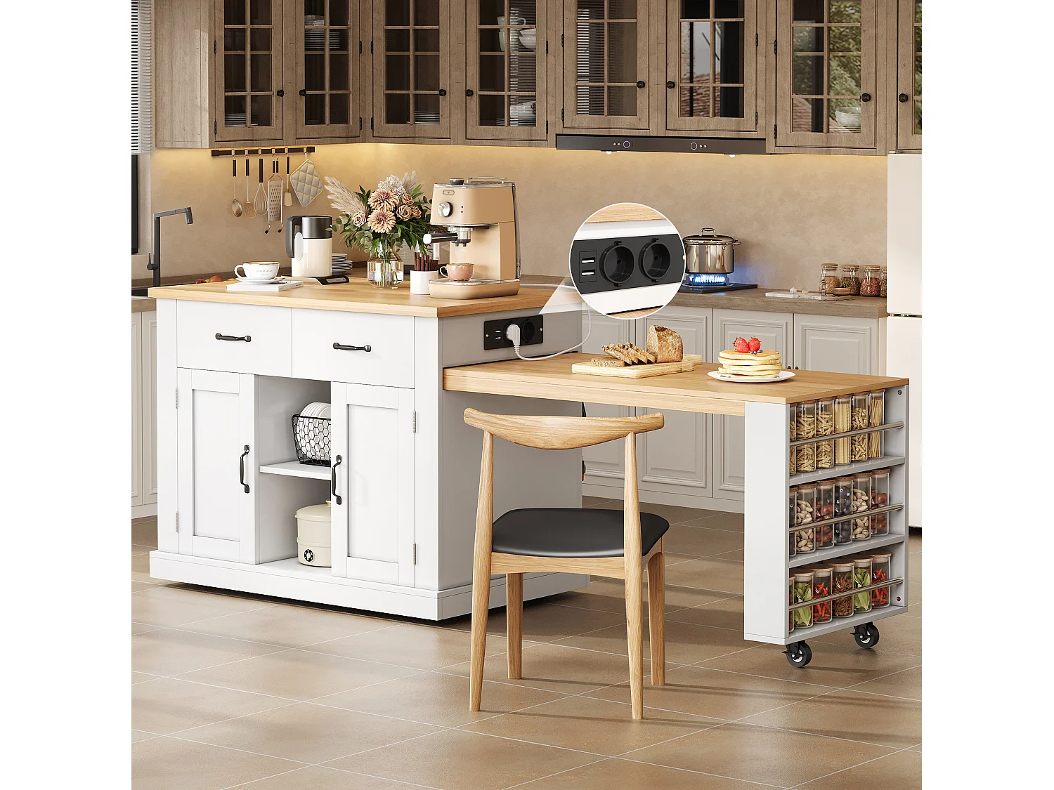 Îlot de cuisine mobile avec table extensible - 132/235 x 60 x 93 cm - table de bar avec étagères + portes + tiroir - MDF - blanc