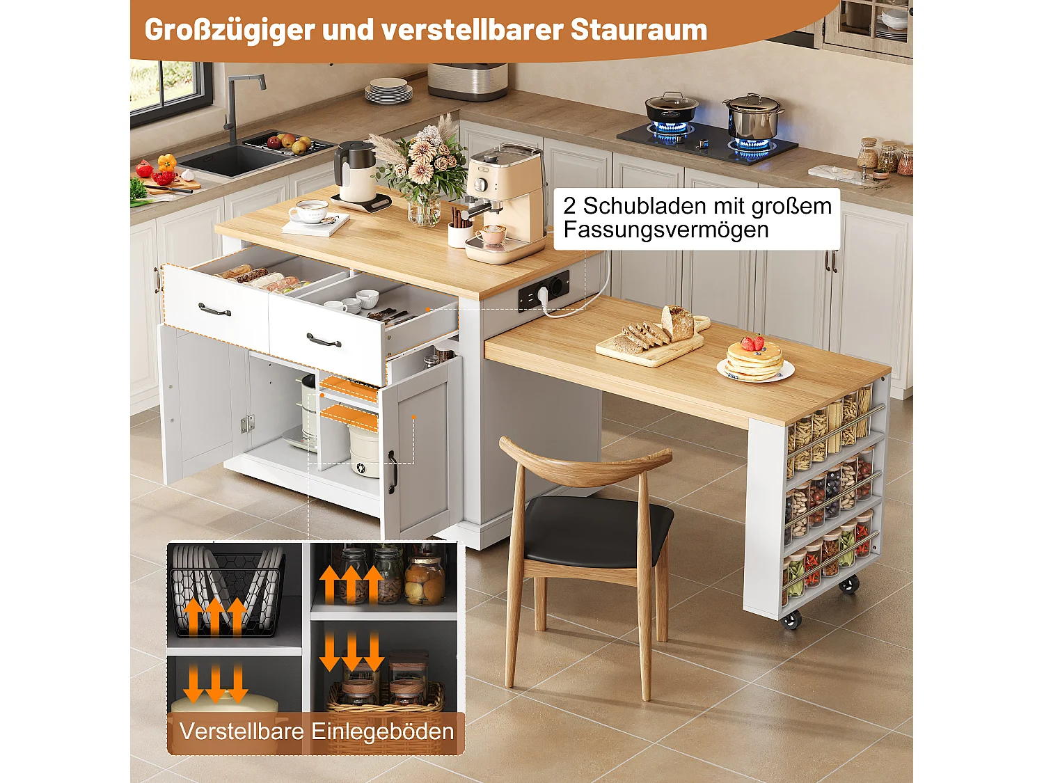 Îlot de cuisine mobile avec table extensible - 132/235 x 60 x 93 cm - table de bar avec étagères + portes + tiroir - MDF - blanc