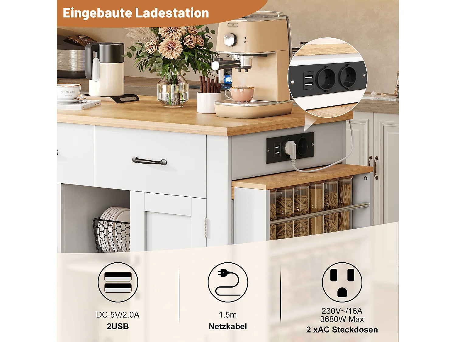 Îlot de cuisine mobile avec table extensible - 132/235 x 60 x 93 cm - table de bar avec étagères + portes + tiroir - MDF - blanc