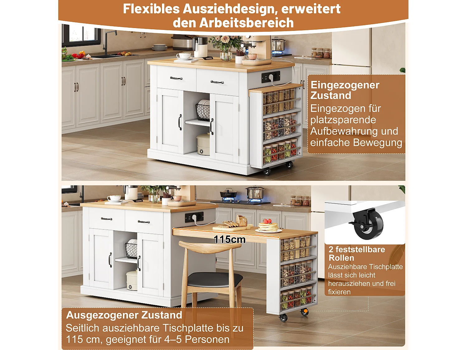 Îlot de cuisine mobile avec table extensible - 132/235 x 60 x 93 cm - table de bar avec étagères + portes + tiroir - MDF - blanc