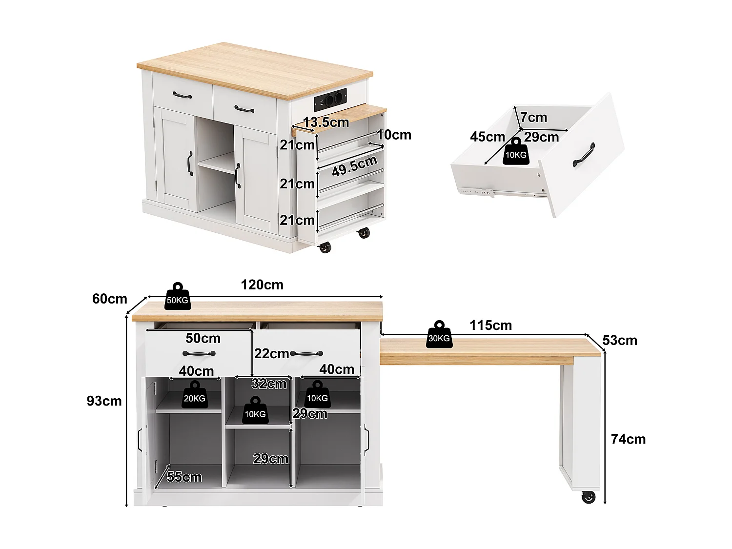 Îlot de cuisine mobile avec table extensible - 132/235 x 60 x 93 cm - table de bar avec étagères + portes + tiroir - MDF - blanc