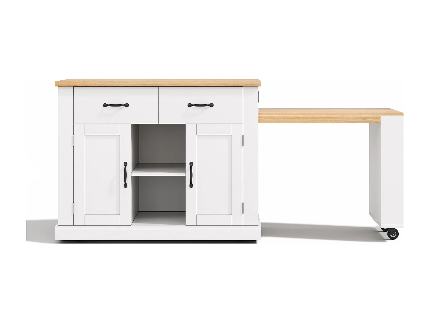 Îlot de cuisine mobile avec table extensible - 132/235 x 60 x 93 cm - table de bar avec étagères + portes + tiroir - MDF - blanc