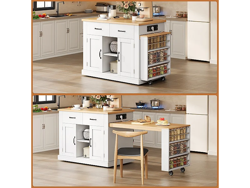 Îlot de cuisine mobile avec table extensible - 132/235 x 60 x 93 cm - table de bar avec étagères + portes + tiroir - MDF - blanc