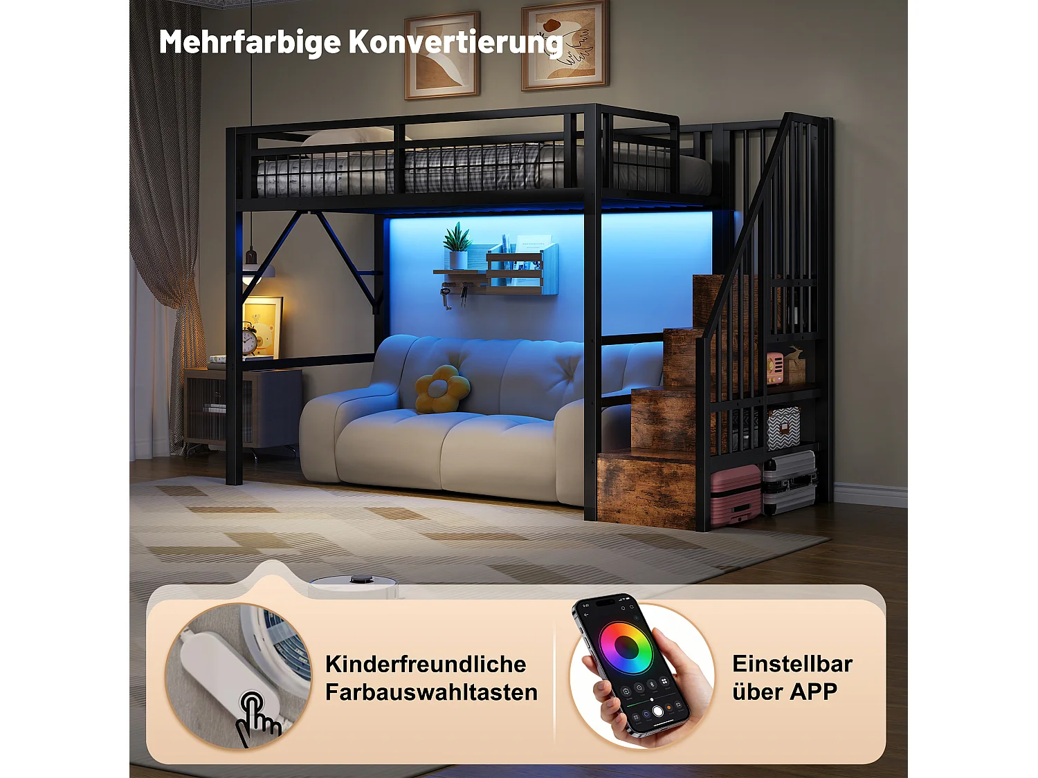 Kinderhoogslaper - 90 x 200 cm - ijzeren frame - met LED-verlichting + opbergladder - metaal - zwart