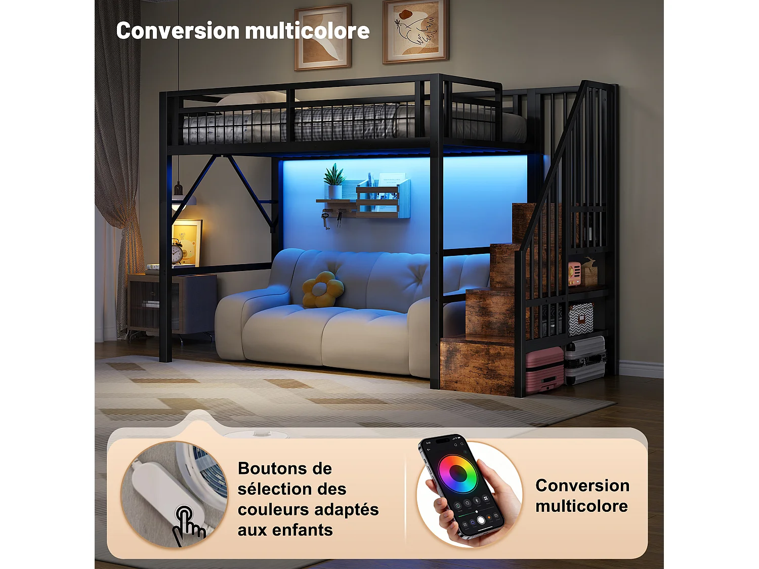 Kinderhoogslaper - 90 x 200 cm - ijzeren frame - met LED-verlichting + opbergladder - metaal - zwart