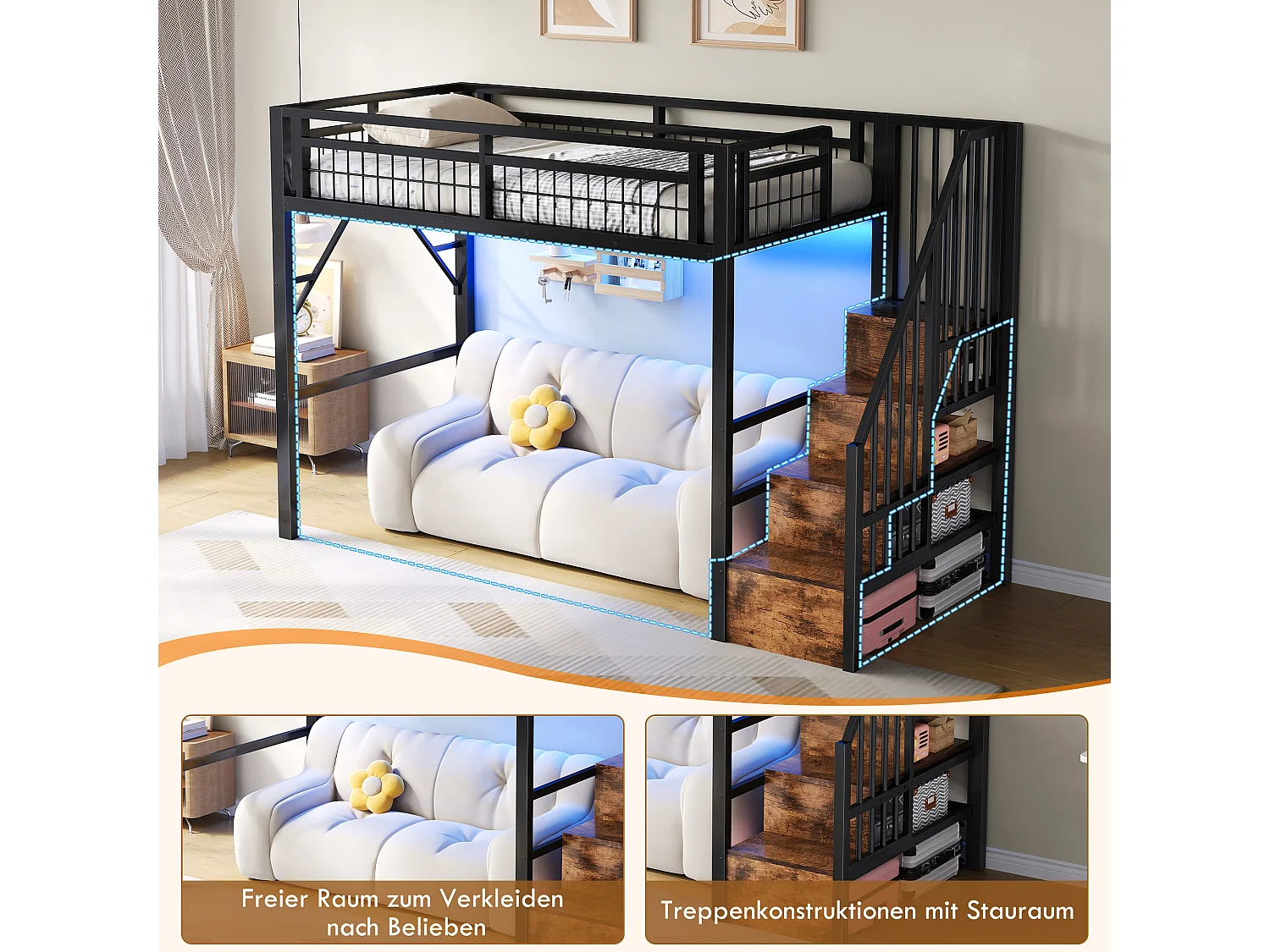 Kinderhoogslaper - 90 x 200 cm - ijzeren frame - met LED-verlichting + opbergladder - metaal - zwart