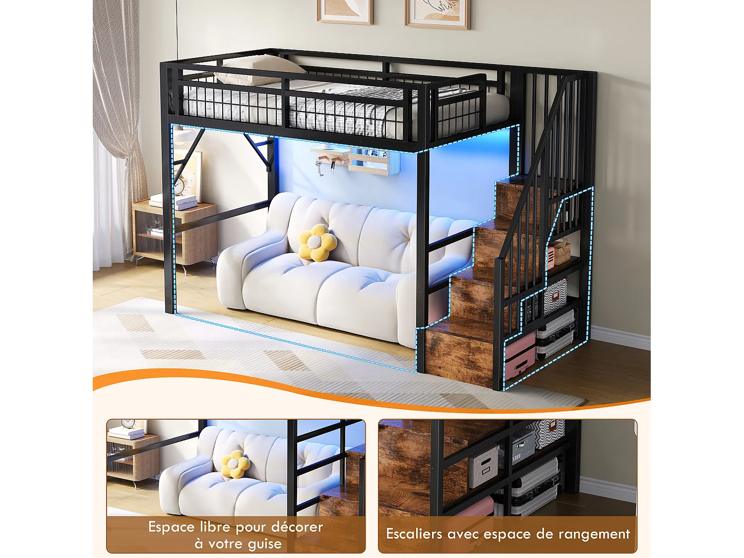 Kinderhoogslaper - 90 x 200 cm - ijzeren frame - met LED-verlichting + opbergladder - metaal - zwart