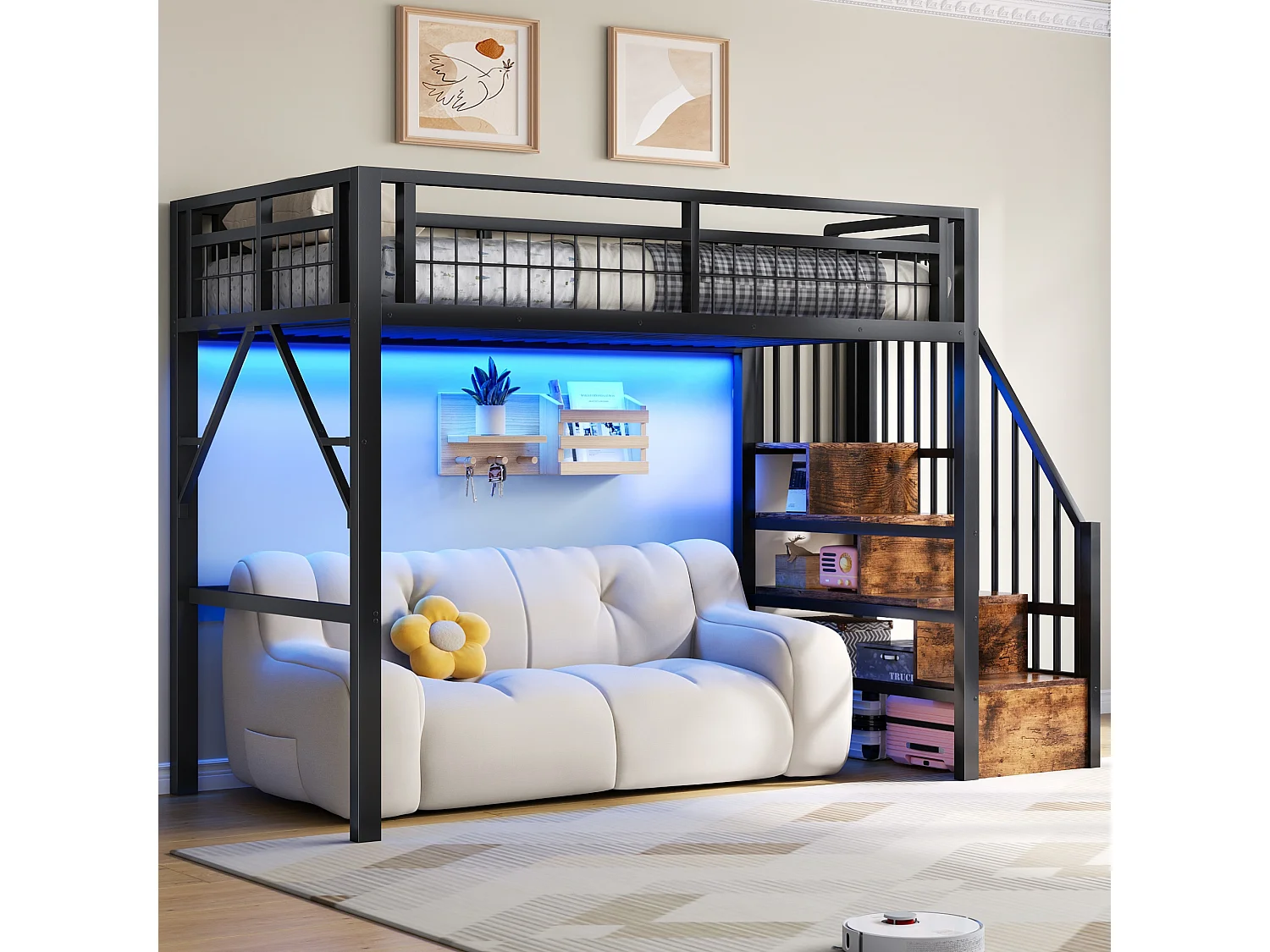 Kinderhoogslaper - 90 x 200 cm - ijzeren frame - met LED-verlichting + opbergladder - metaal - zwart