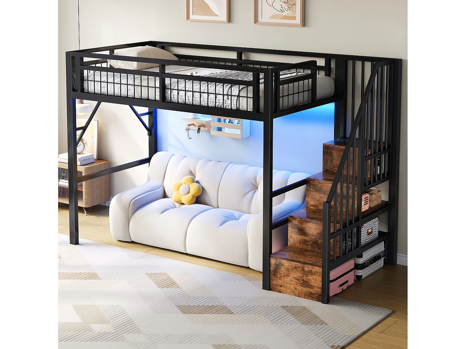 Kinderhoogslaper - 90 x 200 cm - ijzeren frame - met LED-verlichting + opbergladder - metaal - zwart