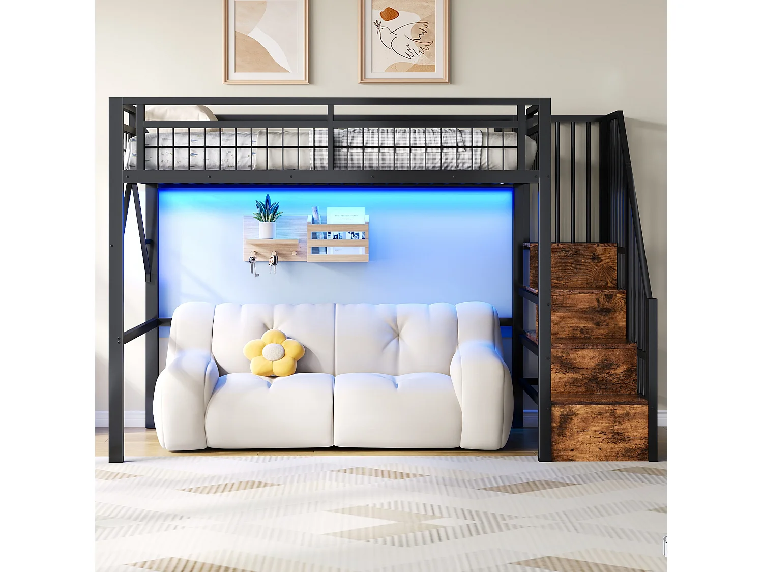 Kinderhoogslaper - 90 x 200 cm - ijzeren frame - met LED-verlichting + opbergladder - metaal - zwart