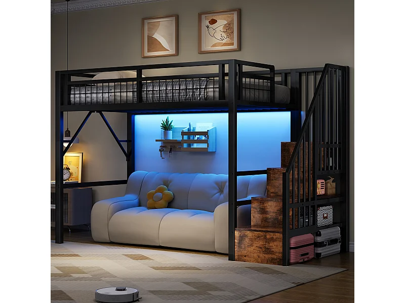 Kinderhoogslaper - 90 x 200 cm - ijzeren frame - met LED-verlichting + opbergladder - metaal - zwart