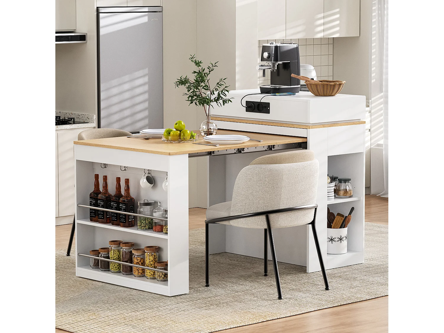 Îlot central extensible sur roulettes avec plateau rabattable - 83 x 46 x 96 cm - table de bar avec porte et tiroir - MDF + verre - blanc