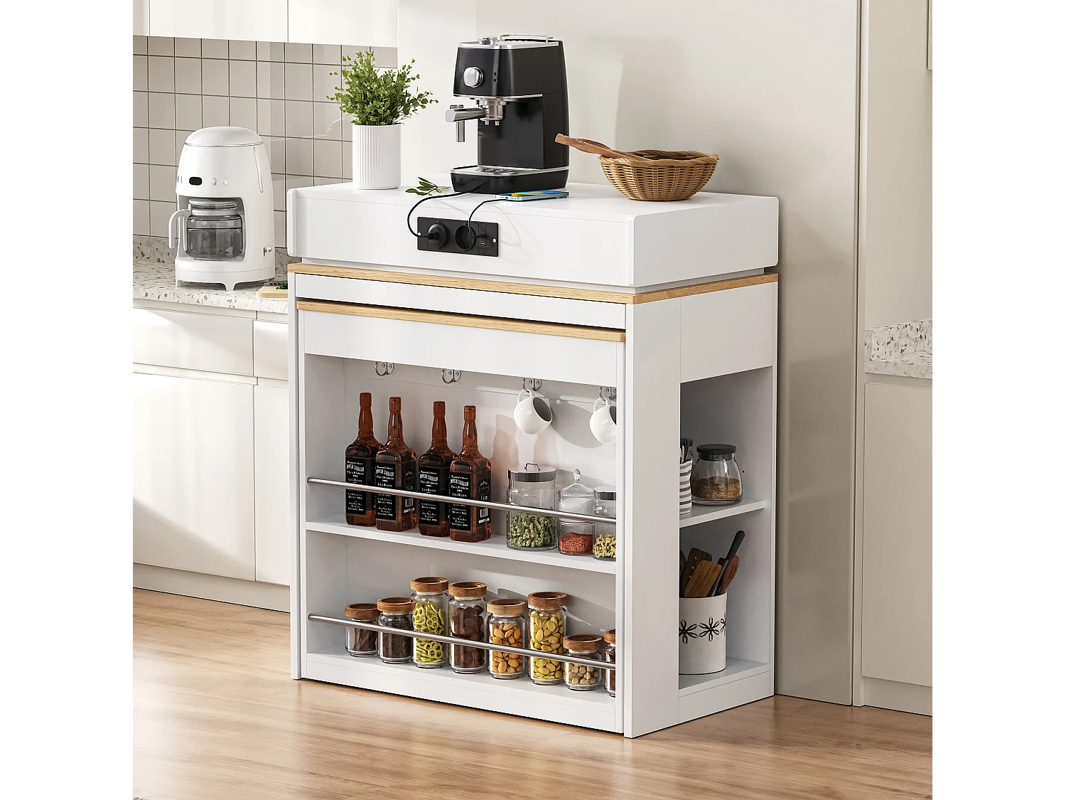 Îlot central extensible sur roulettes avec plateau rabattable - 83 x 46 x 96 cm - table de bar avec porte et tiroir - MDF + verre - blanc