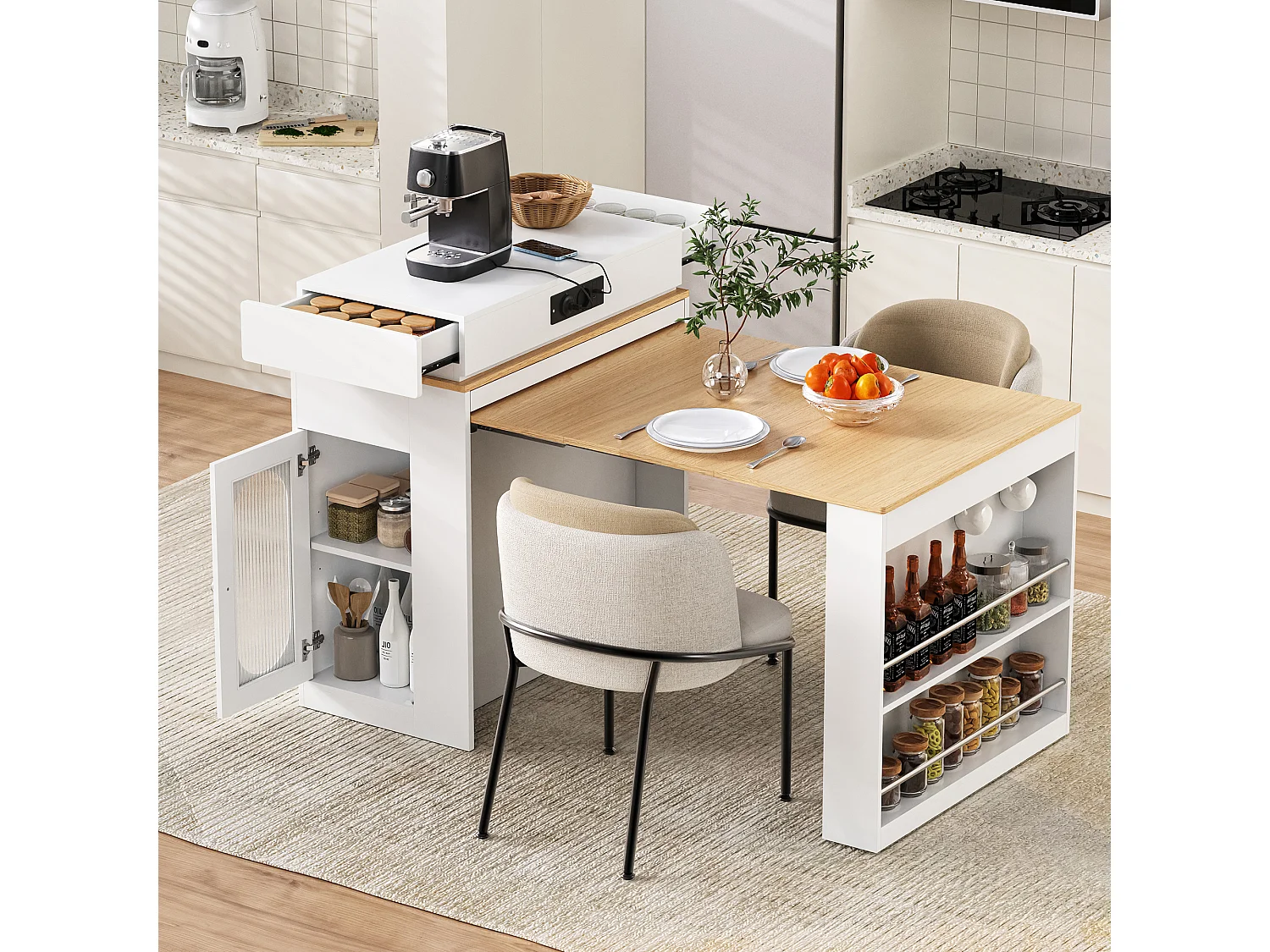 Îlot central extensible sur roulettes avec plateau rabattable - 83 x 46 x 96 cm - table de bar avec porte et tiroir - MDF + verre - blanc