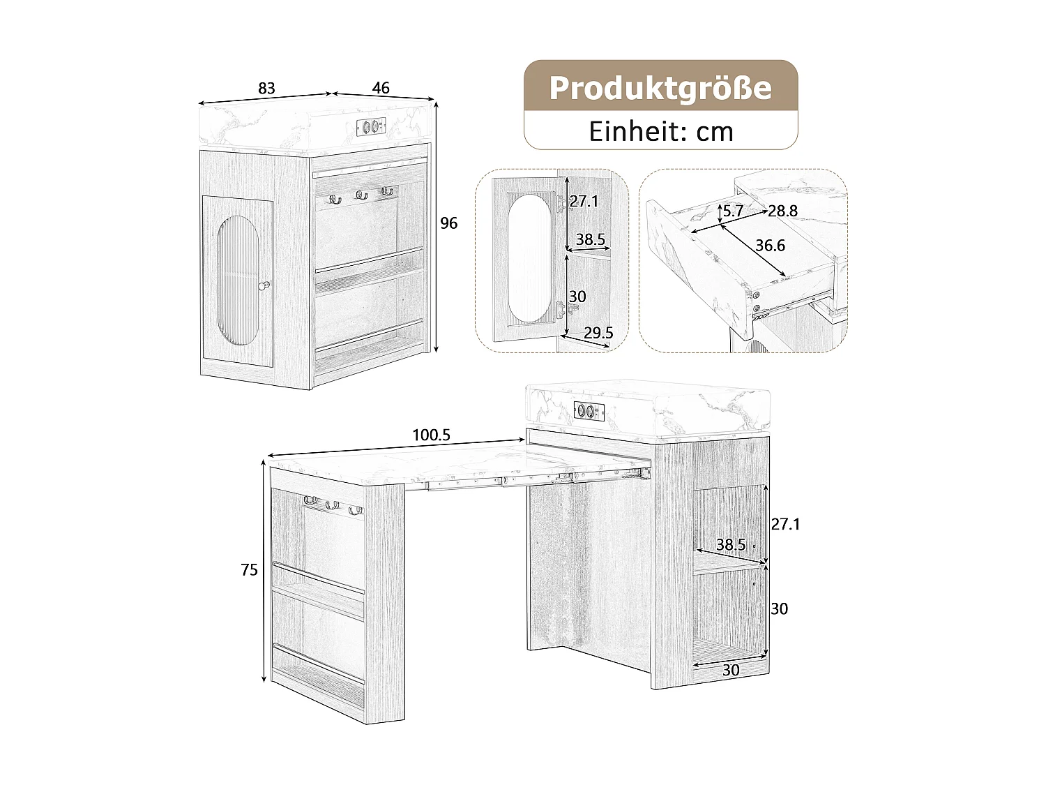 Îlot central extensible sur roulettes avec plateau rabattable - 83 x 46 x 96 cm - table de bar avec porte et tiroir - MDF + verre - blanc