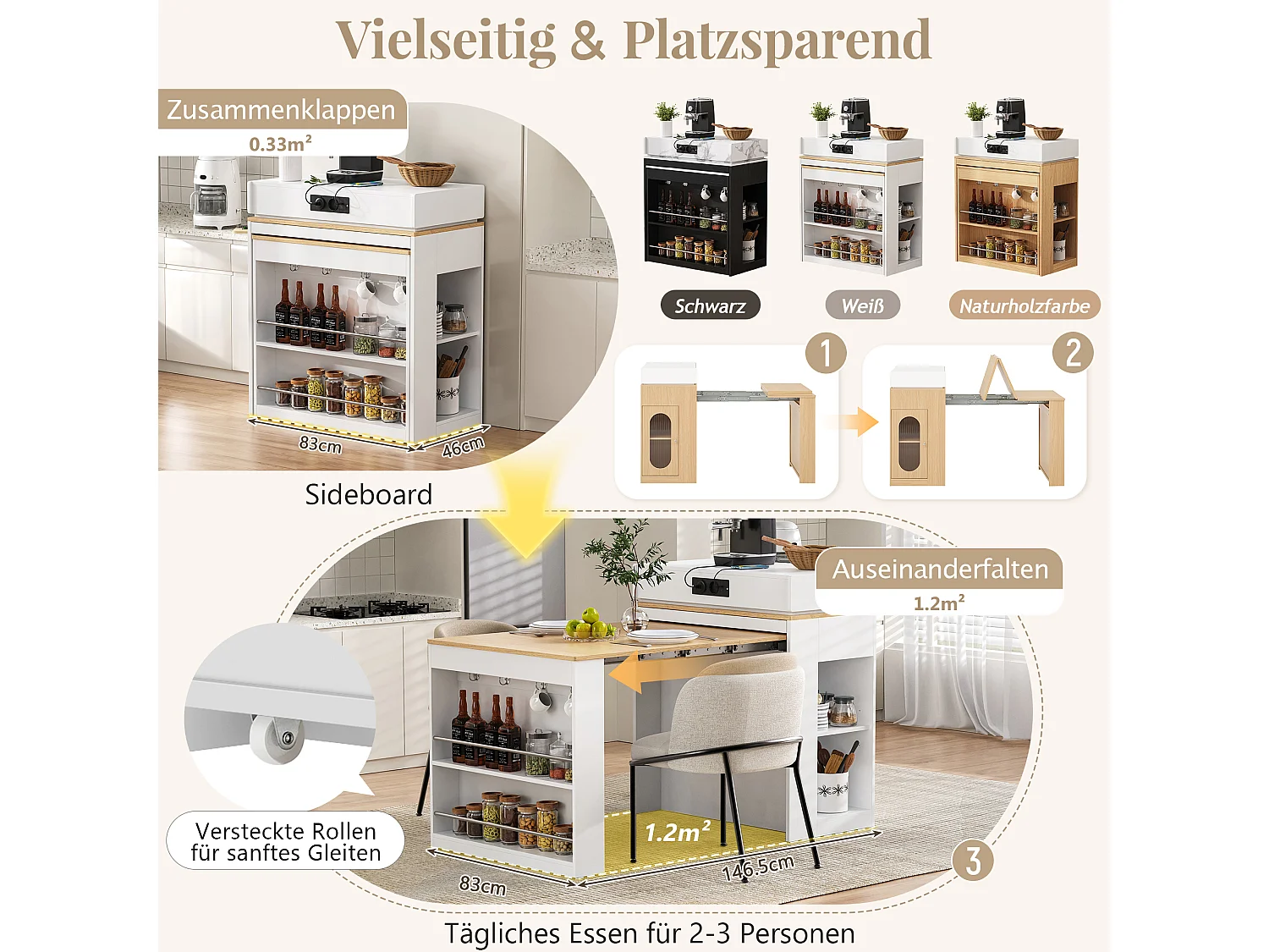 Îlot central extensible sur roulettes avec plateau rabattable - 83 x 46 x 96 cm - table de bar avec porte et tiroir - MDF + verre - blanc