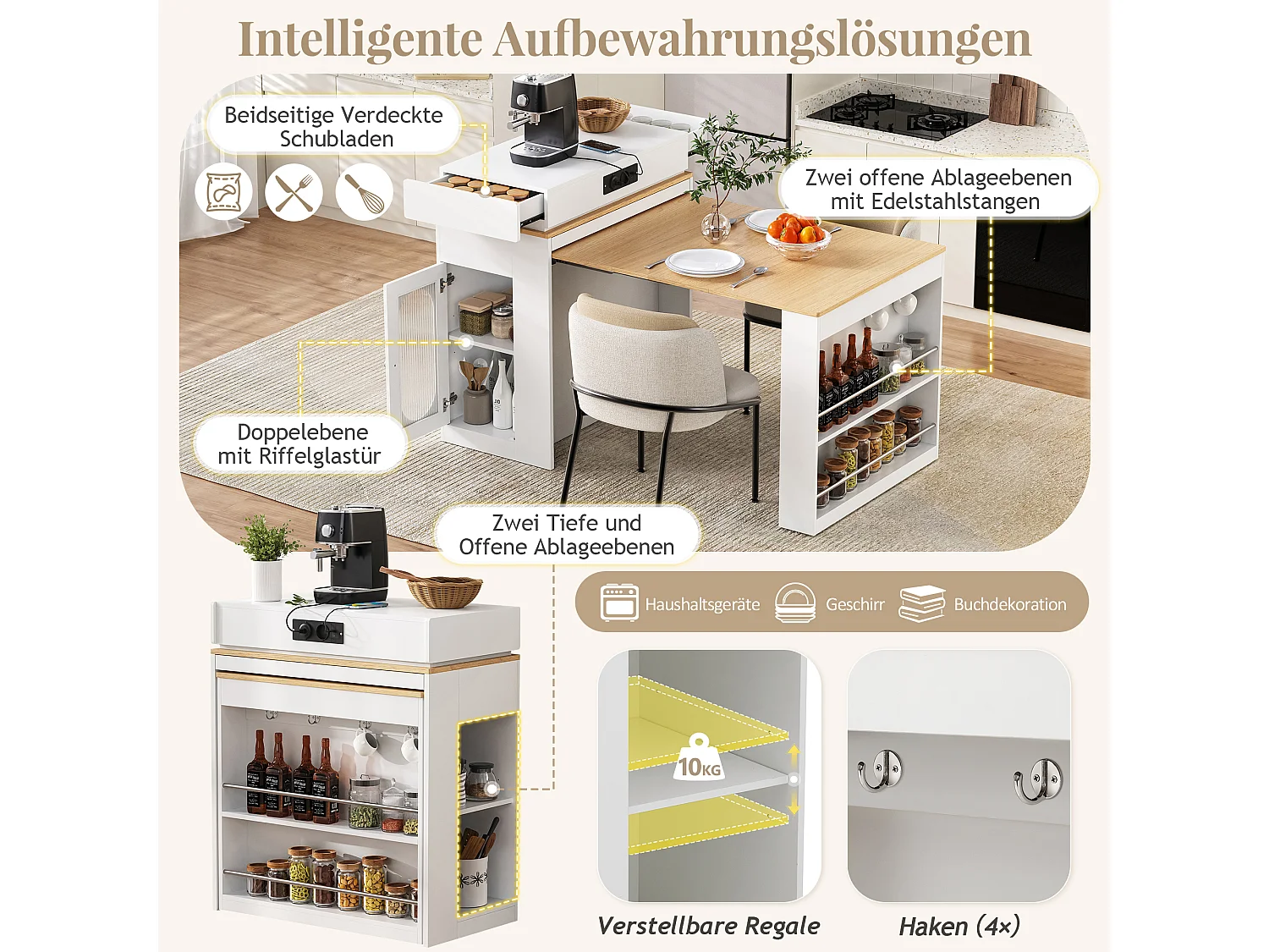 Îlot central extensible sur roulettes avec plateau rabattable - 83 x 46 x 96 cm - table de bar avec porte et tiroir - MDF + verre - blanc
